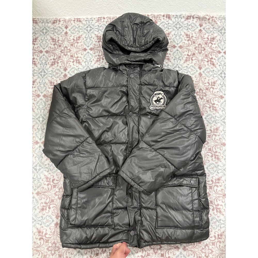 Beverly Hills Polo Club Boys Puffer Jacket Gray Hooded Parka Size L 16-18
